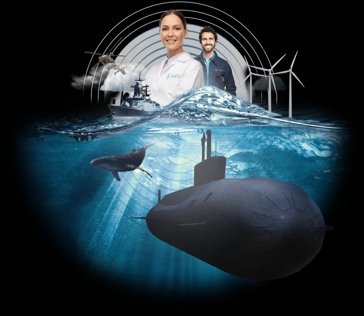 Composición visual SAES: submarino, buque de superficie, equipo técnico, helicóptero y turbinas eólicas marinas